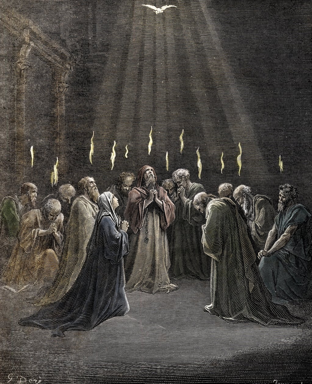 Pentecostes, descida do Espírito Santo sobre os Apóstolos e outros seguidores de Jesus Cristo Gravado por Gustave Dore (1832-1883) da colecção privada "La Bible". de Gustave Dore