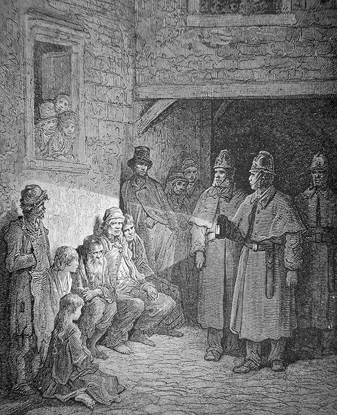 Policiais em patrulha na Rookery de Londres, gravados por Stephane Pannemaker (1847-1930) de Gustave Dore