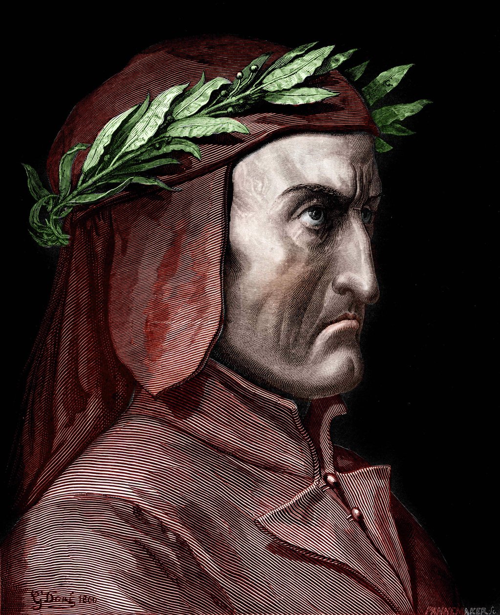 Retrato de Dante Alighieri (1265-1321), escritor italiano. Gravura de Gustave Doré, de 1860. de Gustave Dore