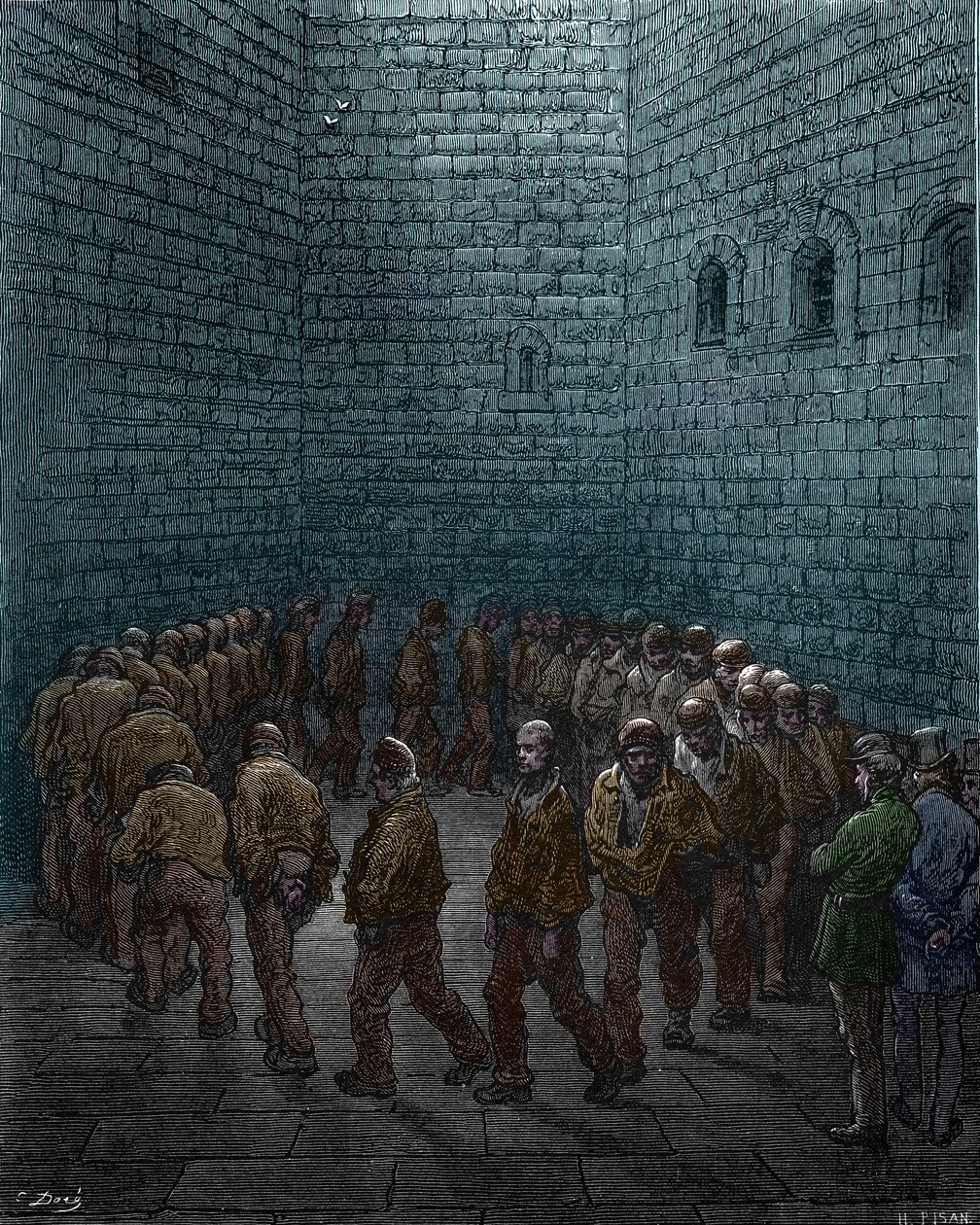 Prisioneiros a fazer as rondas no pátio da prisão de Westgate em Londres, por Gustave Dore de Gustave Dore