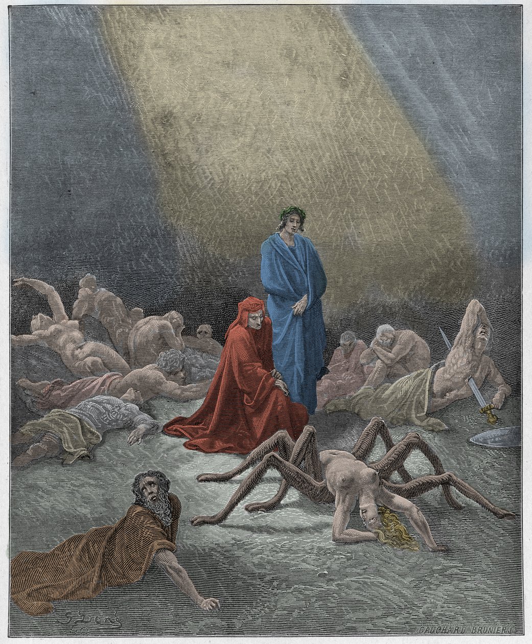 Purgatorio, Canto 12: Dante vê a alma de Aracne, ilustração de "A Divina Comédia" de Dante Alighieri, 1885 de Gustave Dore