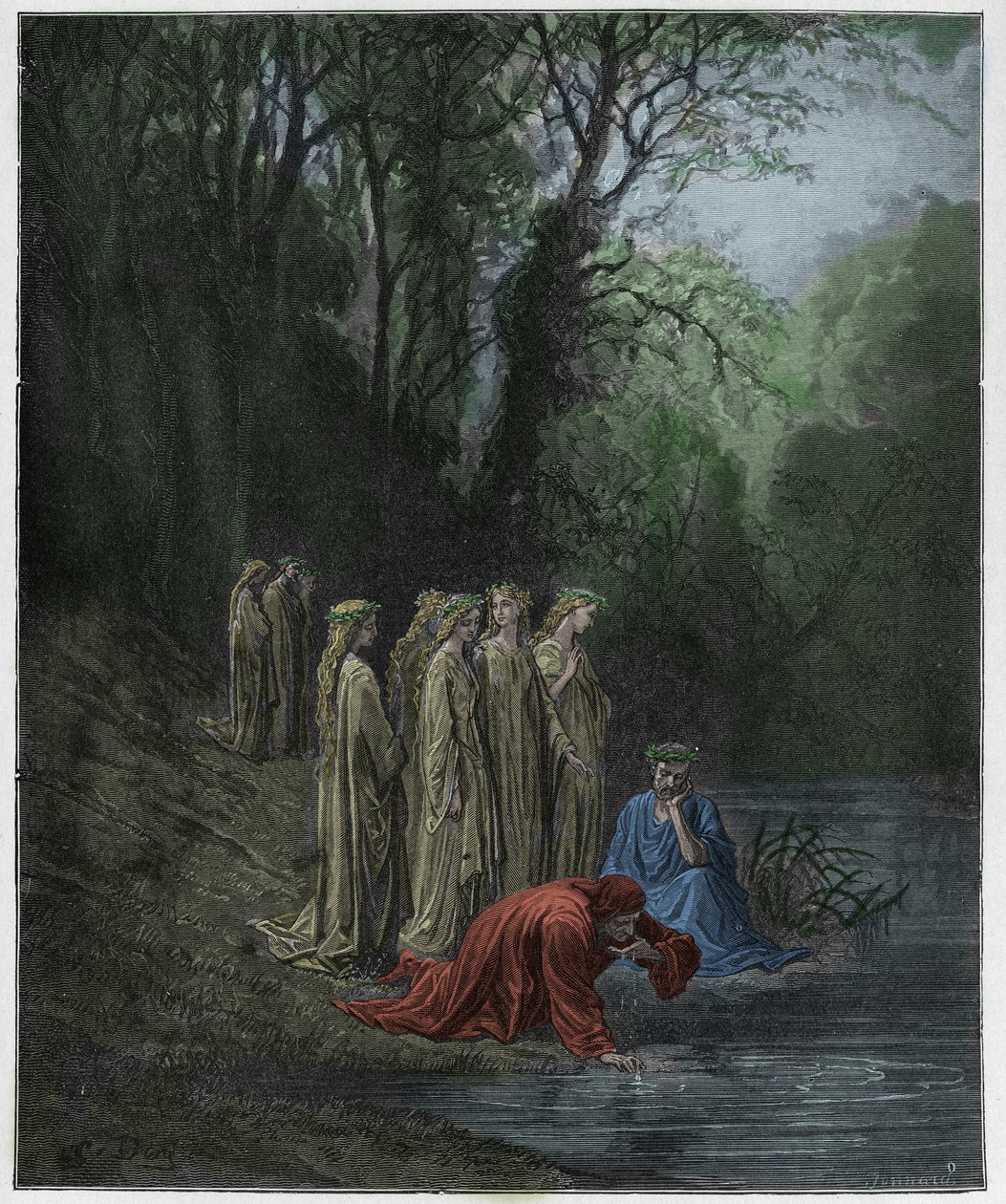 Purgatorio, Canto 33: Dante bebe do rio Eunoe, ilustração da "Divina Comédia" de Dante Alighieri, 1885 de Gustave Dore