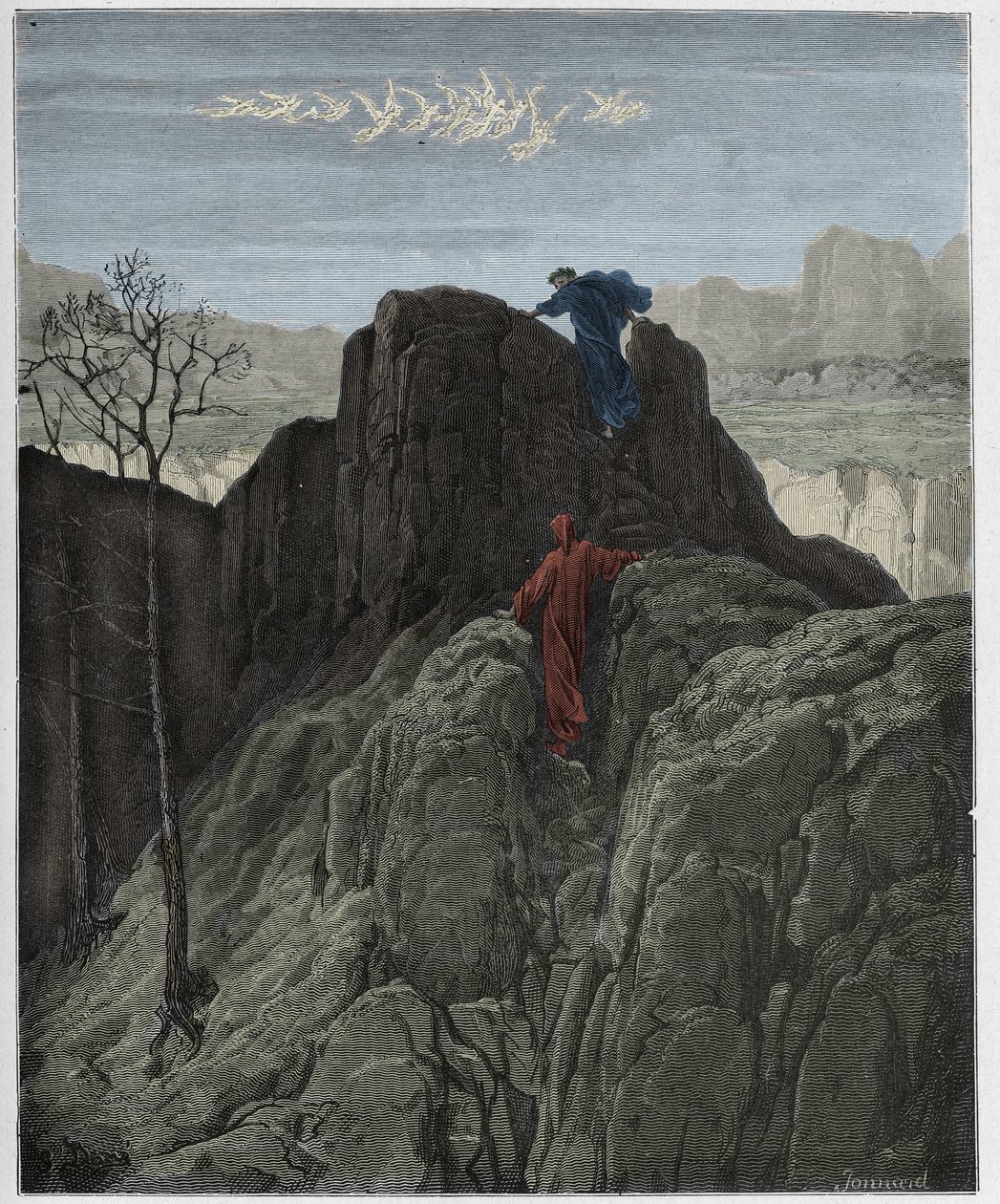 Purgatório, Canto 4: Virgílio leva Dante até a encosta da montanha, ilustração de "A Divina Comédia", de Dante Alighieri, 1885 de Gustave Dore