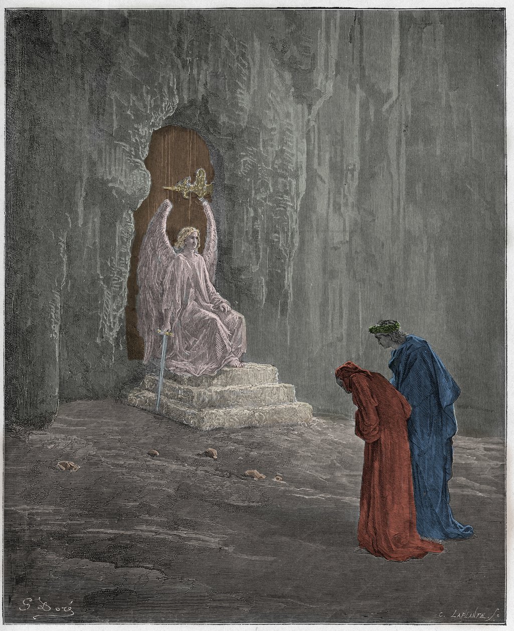 Purgatório, Canto 9: Dante e Virgílio nos portais do Purgatório, ilustração de "A Divina Comédia" de Dante Alighieri, 1885 de Gustave Dore