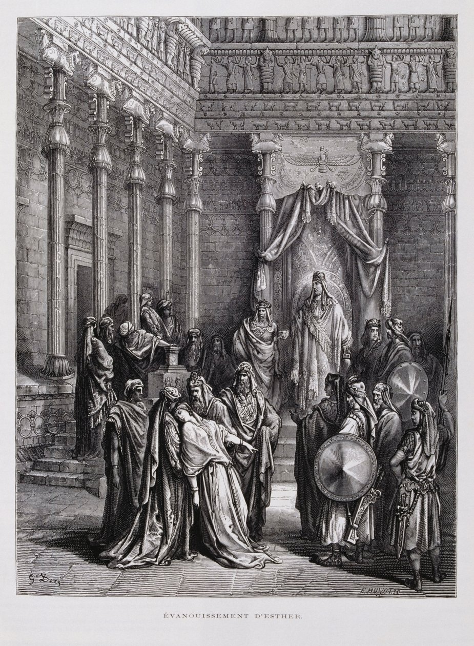 A rainha Ester desmaia perante o rei, Ilustração da Bíblia de Dore de Gustave Dore