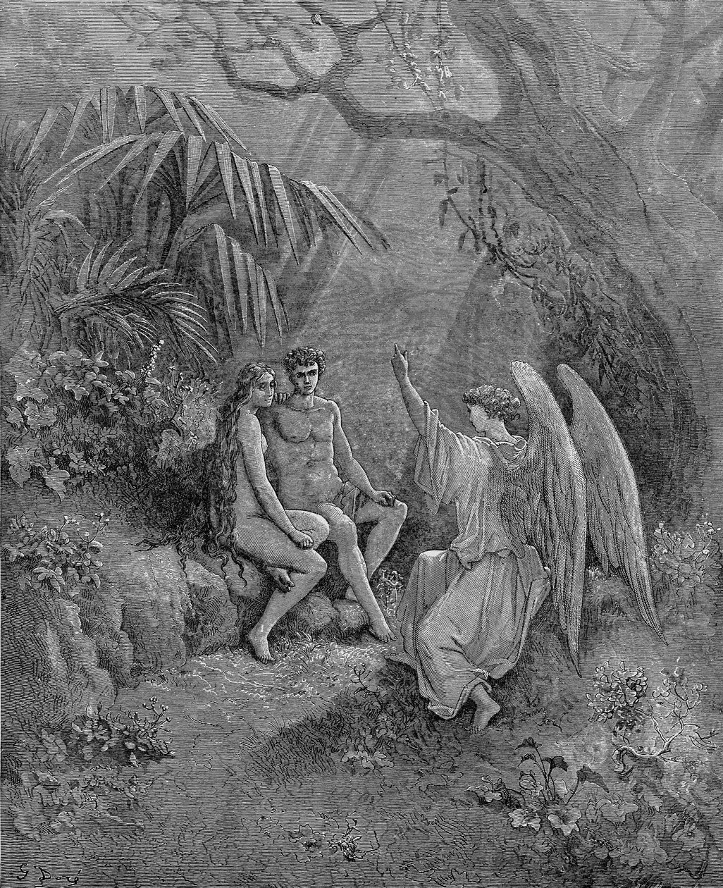 Rafael fala com Adão e Eva. Ilustração para John Miltons Paradise Lost, 1866 de Gustave Dore