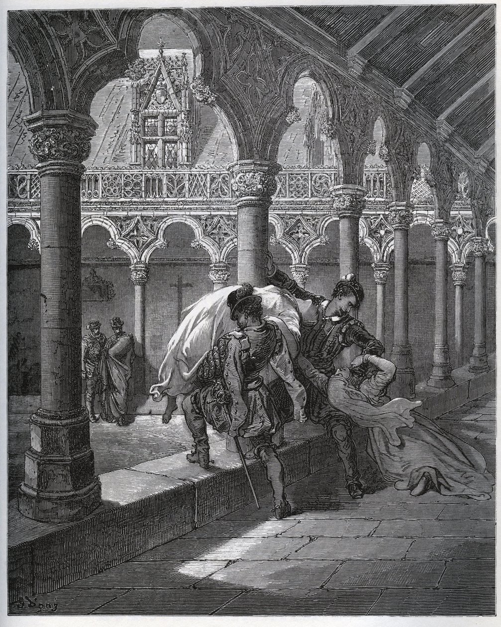 Recito de D. Fernand; ele leva Luscinde do convento onde ela se refugiou - de "Dom Quixote de la Mancha" de Miguel Cervantes (1547-1616) (Dom Quixote) - Lenhador após desenho de Gustave Dore de Gustave Dore