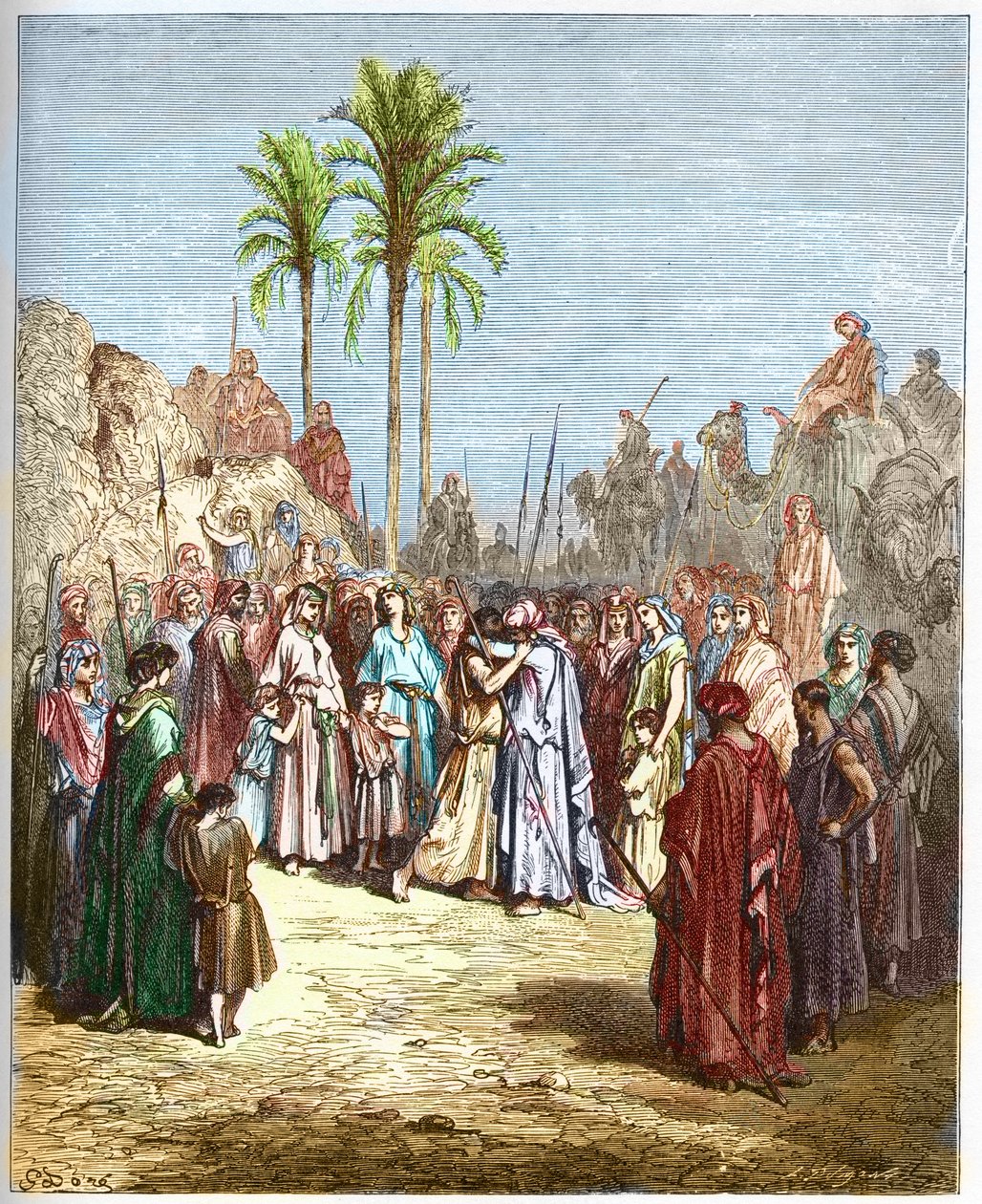 Reconciliação entre Jacó e Esaú - Reconciliação de Jacó e Esaú Genese, XXXIII, 4 - - Gravura de "A ilustração bíblica" de Gustave Dore (1832-1883) - Gravura de "A Bíblia Dore de Gustave Dore