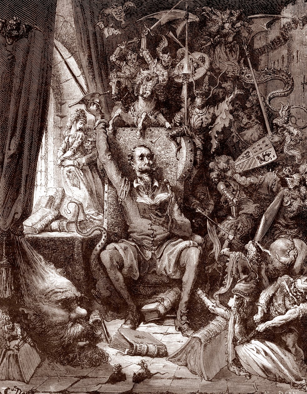 Representação de Dom Quixote na sua biblioteca rodeada pelas criaturas dos seus livros Gravura de Gustave Dore (1832-1883) para "L