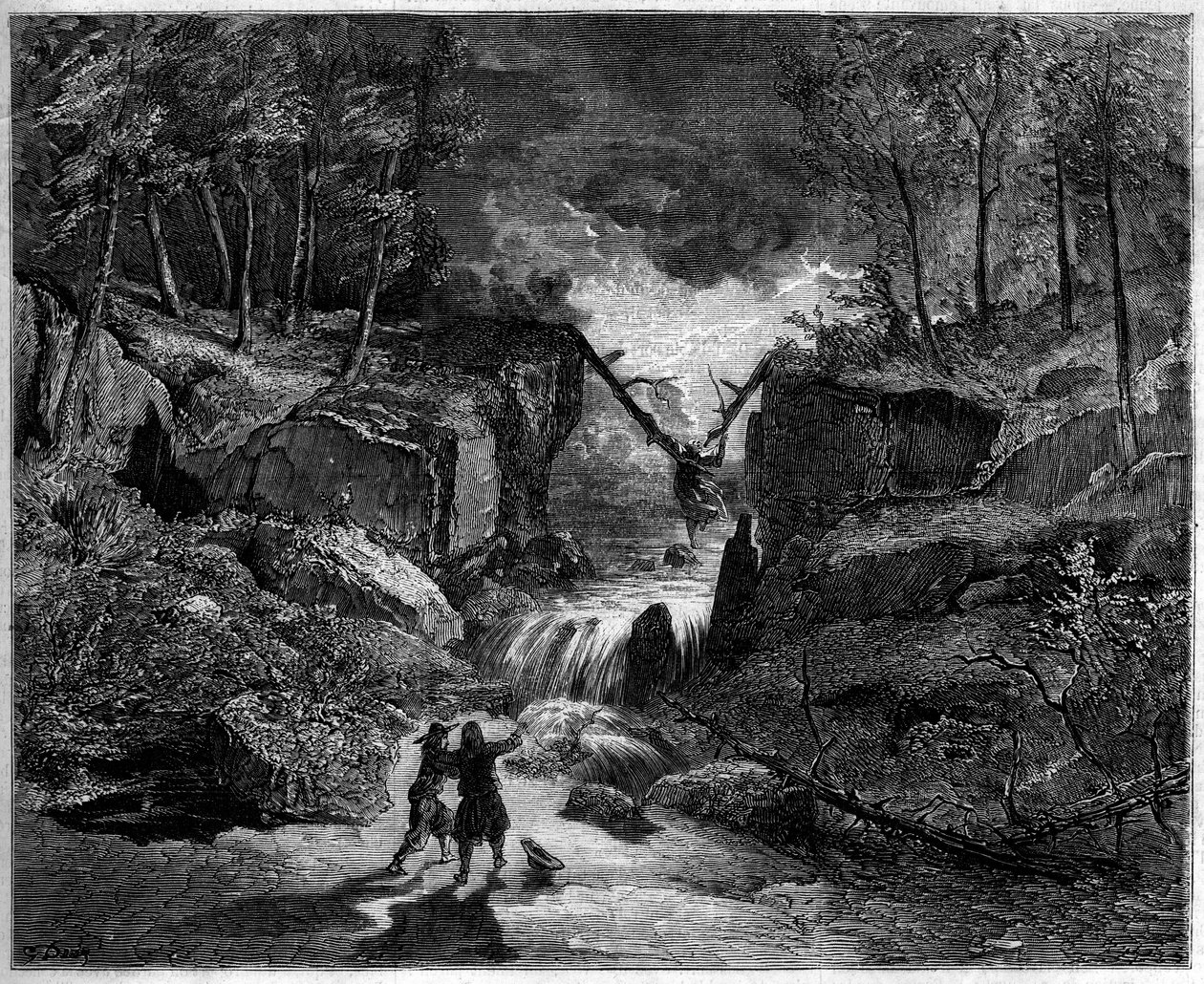 Representação de uma ópera: a tumba louca na torrente - Última cena, ato II do "Perdão de Ploermel", ópera cômica de 1859 sobre um libreto de Michel Carre (1819-1872) e Jules Barbier (1822-1901), e uma música de Giacomo Meyerbeer (1791-1864) - Teatro de Gustave Dore