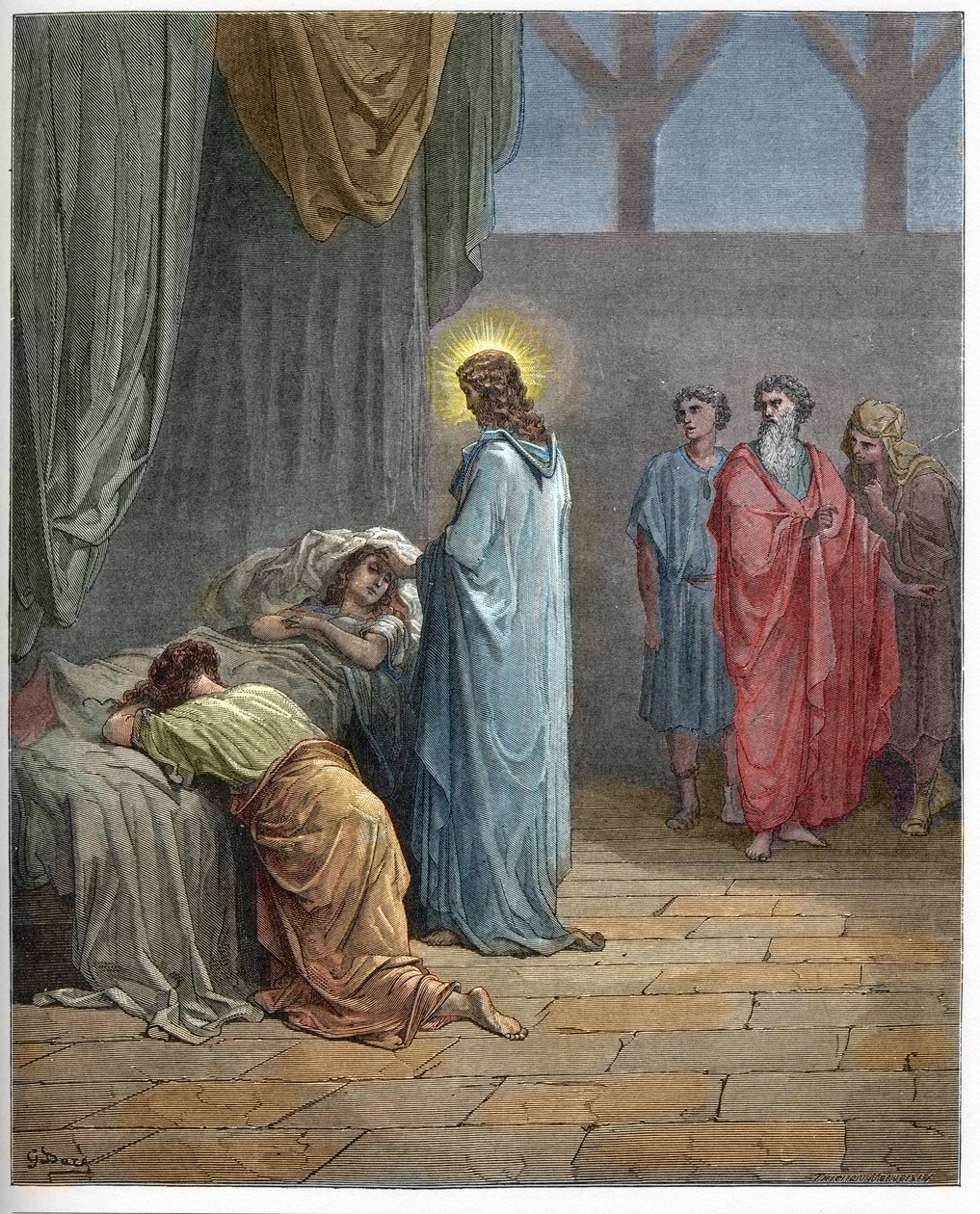 Ressurreição da filha de Jaire - Ressurreição da filha de Jairo (Jesus erguendo o daugter de Jairo) - Gravura em "A ilustração bíblica" de Gustave Dore (1832-1883) - Gravura de "A Bíblia Dore de Gustave Dore