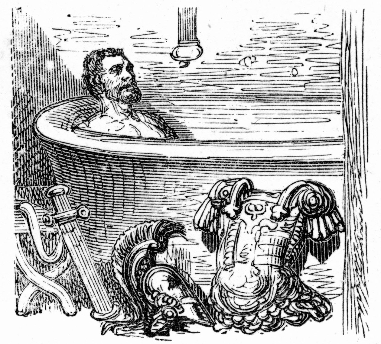 Soldado romano a banhar-se nas termas de Bagneres de Bigorre: gravura de Gustave Dore ilustrando o livro "Voyage aux Pyrenees" de Hippolyte Taine, Hachette 1860. de Gustave Dore