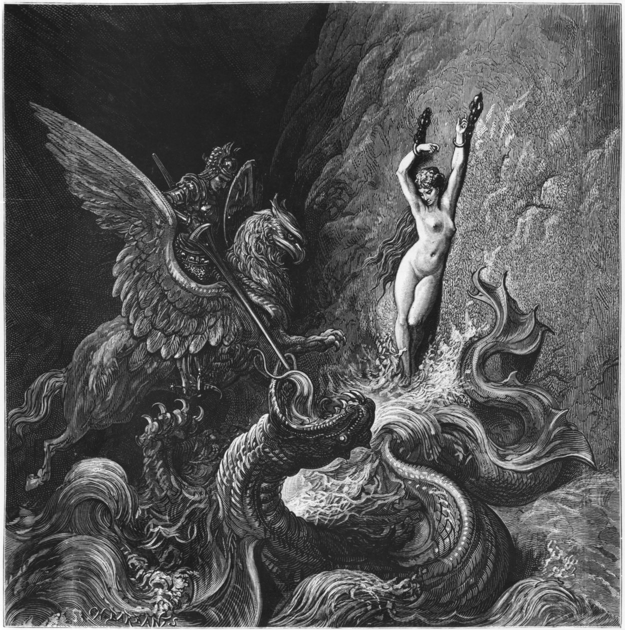 Ruggiero resgatando Angelica, ilustração de Canto X de 