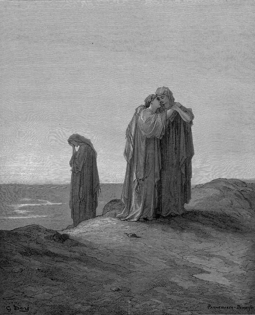 Ruth abraçando sua sogra Naomi e prometendo ficar com ela agora que estão de luto, 1866 de Gustave Dore