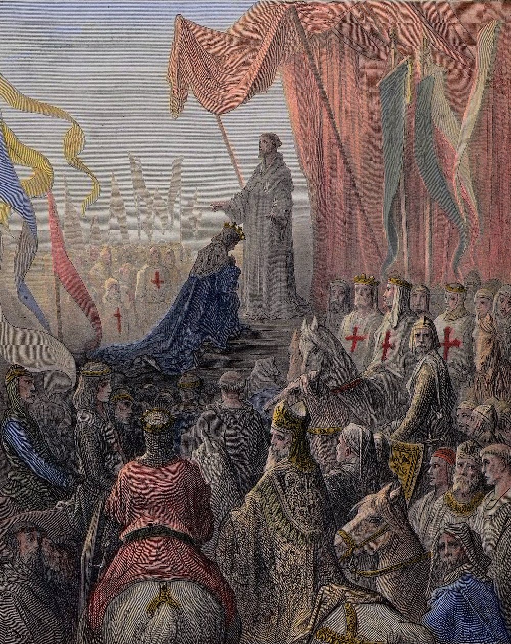 São Bernardo de Clairvaux (São Bernardo de Chiaravalle, Bernardo de Fontaine 1090-1153) pregando a segunda Cruzada na presença do Rei Luís VII e da Rainha Alienígena da Aquitânia e Abbe Suger (Suger de Saint Denis de Gustave Dore