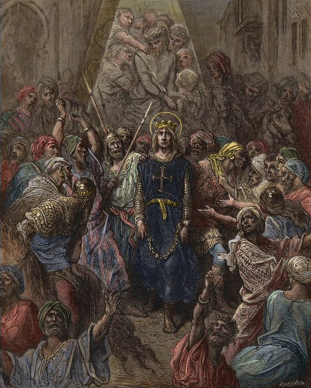 São Luís feito prisioneiro em Mansoura, durante a 7ª Cruzada em 1250 - Rei Luís IX (1214-70) prisioneiro no Egipto - gravura de Gustave Dore - da História das Cruzadas de Joseph-Francois Michaud de Gustave Dore