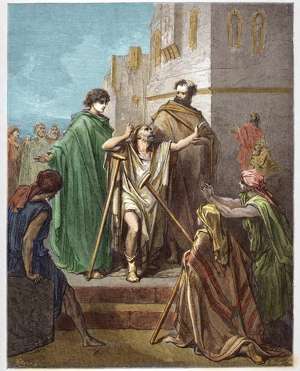 São Pedro e São João curando uma lâmina - Guerison of the lame - São Pedro, acompanhado por São João, milagrosamente guerreou um coxo em Jerusalém - - Gravura em "A ilustração bíblica" de Gustave Dore (1832-1883) - Gravura em "A Bíblia Dore de Gustave Dore