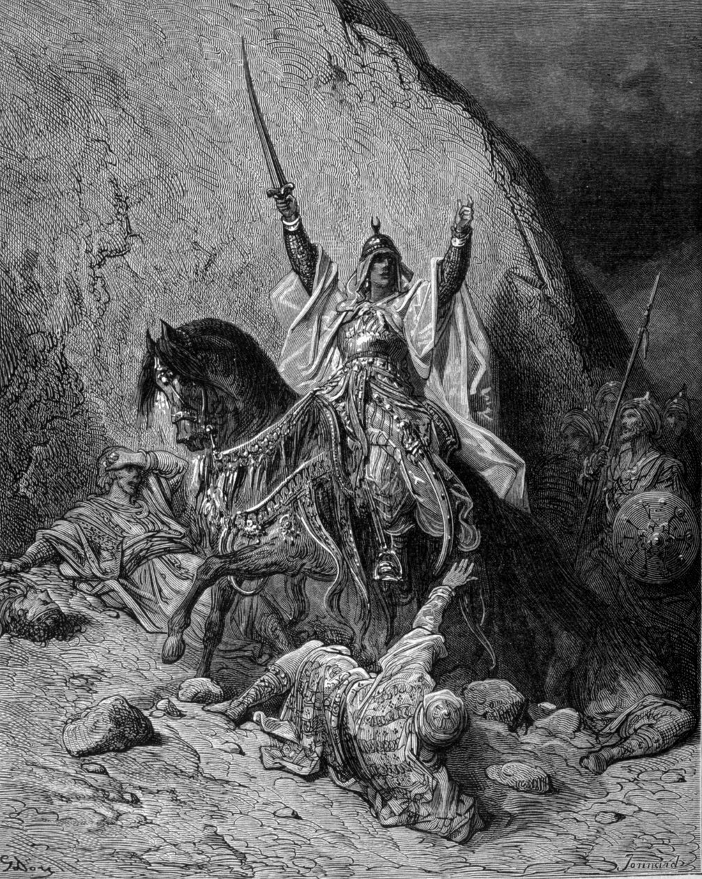Saladino (1138-1193) (Salah al Din Yusuf al-Ayyubi (al Ayyubi) à cabeça das suas tropas contra as travessias - gravura de Gustave Dore de Gustave Dore