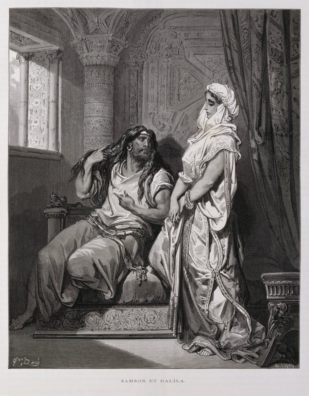 Sansão e Dalila, capítulo 16, do Livro dos Juízes, no Antigo Testamento, ilustração da Bíblia de Dore de Gustave Dore