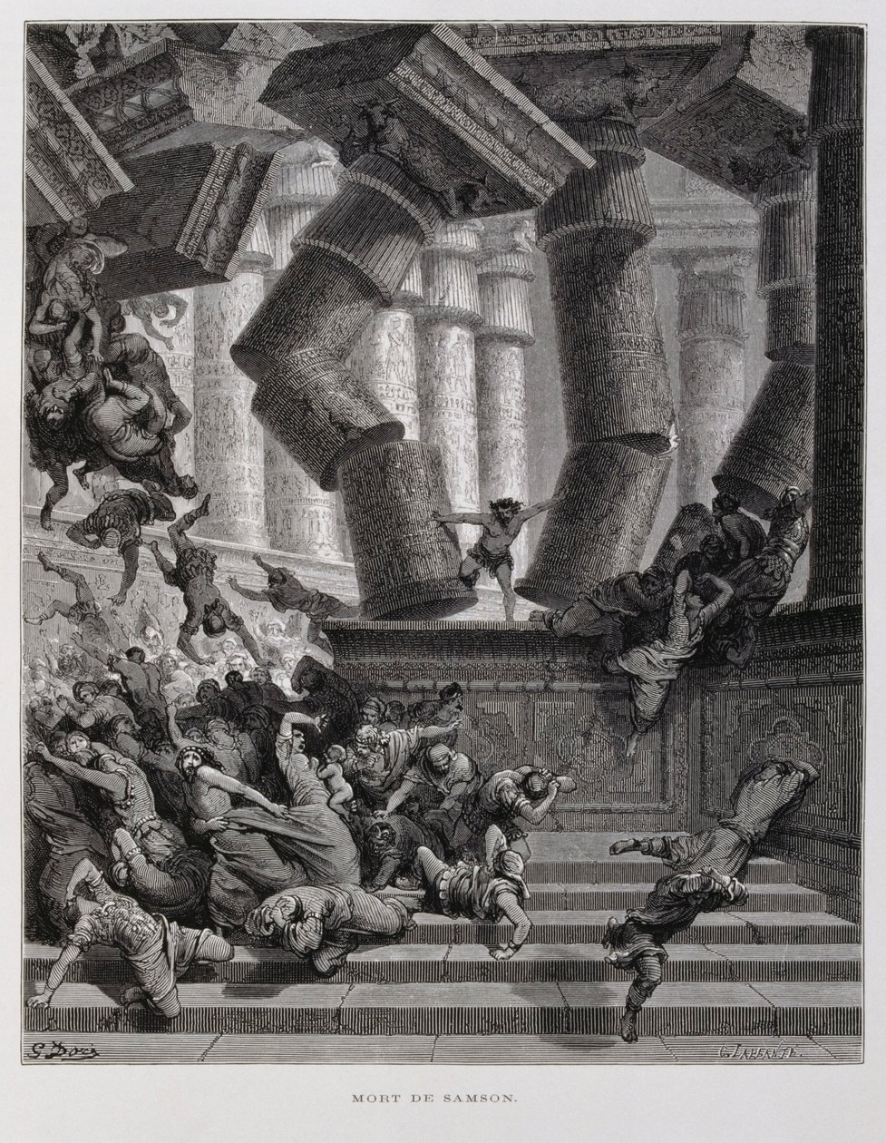 Sansão destrói o templo de Baal, Ilustração da Bíblia de Dore de Gustave Dore