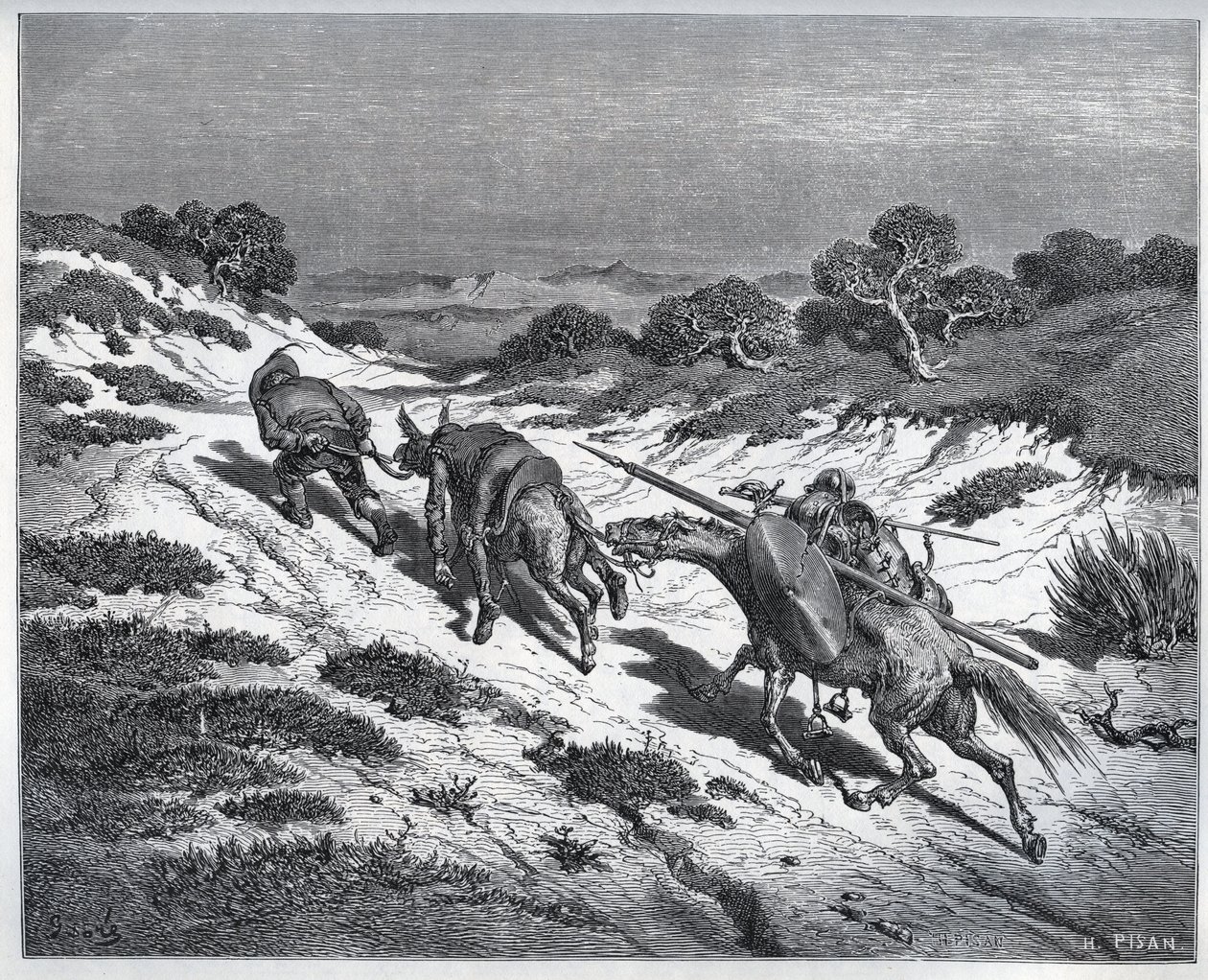 Sancho Panza, Dom Quixote e suas montarias após a derrota contra os Yangers - de "Dom Quixote de la Mancha" de Miguel Cervantes (1547-1616) (Dom Quixote) - Corte de madeira após desenho de Gustave Dore de Gustave Dore