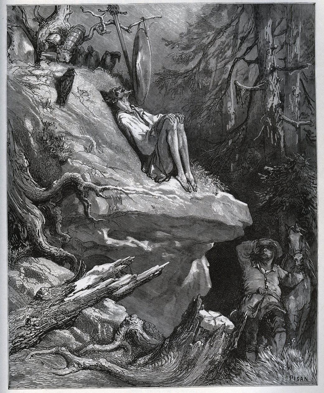 Sancho Panza encontra seu mestre, sempre em penitência - de "Dom Quixote de la Mancha" de Miguel Cervantes (1547-1616) (Dom Quixote) - Lenhador após desenho de Gustave Dore de Gustave Dore