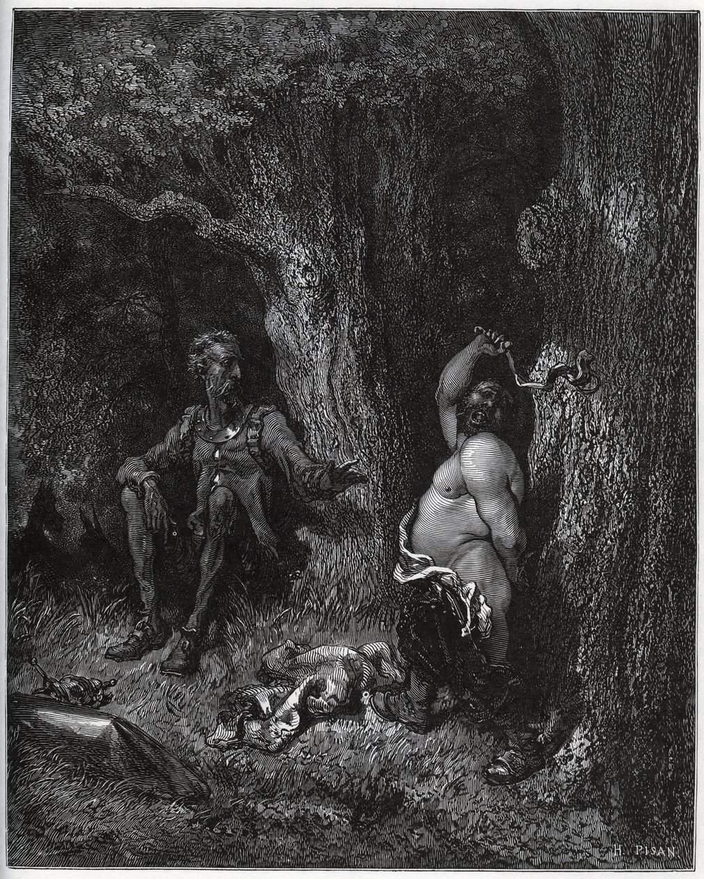 Sancho Panza voa na frente de Dom Quixote para satisfazer o desejo de Merlin e assim desencantar Dulcinee de Toboso. Dom Quixote o exorta a moderar os seus ardores - de "Dom Quixote de la Mancha" de Miguel Cervantes (1547-1616) (Dom Quixote) - Woodcut de Gustave Dore