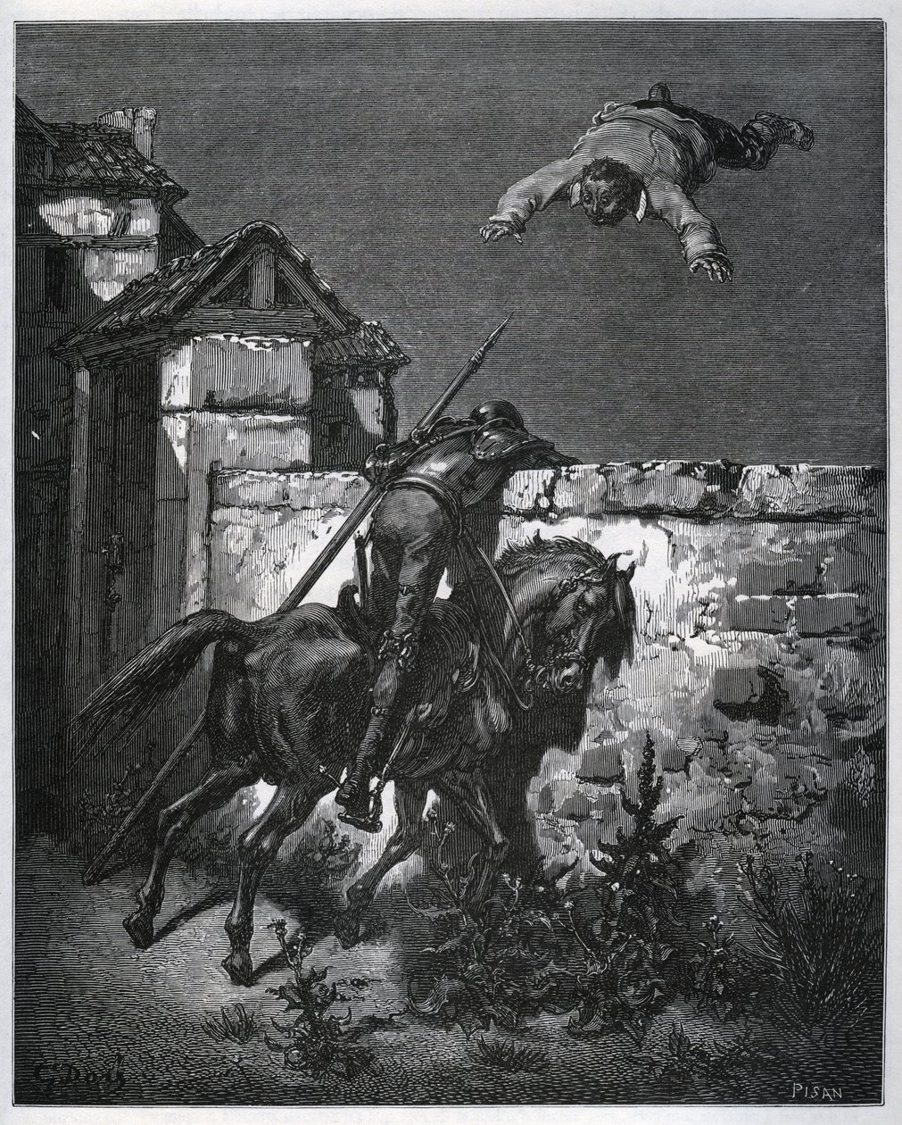Sancho Panza é enganado, e Dom Quixote não pode intervir - de "Dom Quixote de la Mancha" de Miguel Cervantes (1547-1616) (Dom Quixote) - Lenhador após desenho de Gustave Dore de Gustave Dore