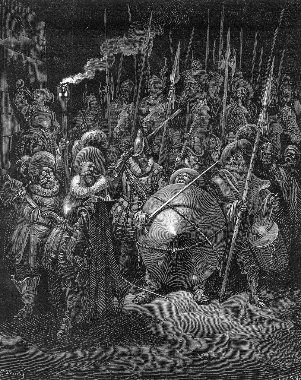 Sancho e os Cavaleiros, de "Dom Quixote de la Mancha" de Miguel Cervantes, gravado por Heliodore Joseph Pisan, c.1875 de Gustave Dore