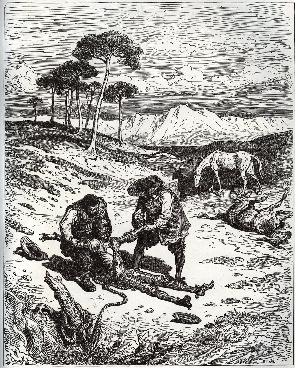 Sancho e o primo puxam Don Quijote (a dormir) da caverna de Montesinos - de "Don Quixote de la Mancha" de Miguel Cervantes (1547-1616) (Don Quixote) - Lenhador após desenho de Gustave Dore de Gustave Dore