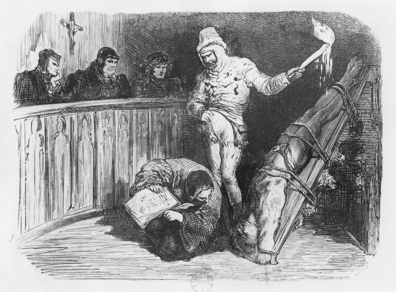 Cena da Inquisição, ilustração do &39;Essais&39; de Michel Eyquem de Montaigne (1533-92) (gravura) (foto bw) de Gustave Dore