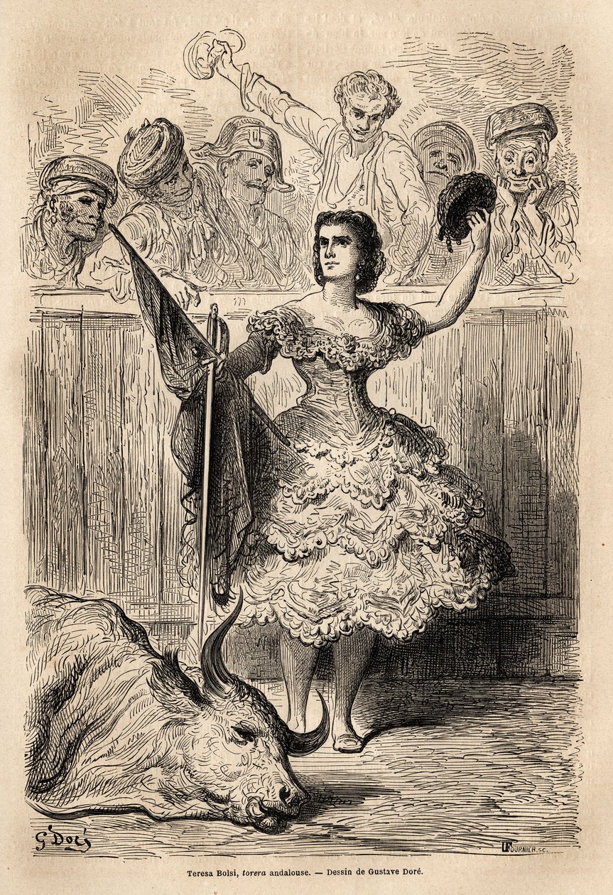 Cena de tourada: o triunfo de Teresa Bolsi, torrera andaluza, saudando a assembleia que o aclama em Sevilha. Esboço ao vivo de Gustave Dore (1832-1883). Gravura para ilustrar a viagem na Espanha, em 1862, de Charles Davillier e G de Gustave Dore