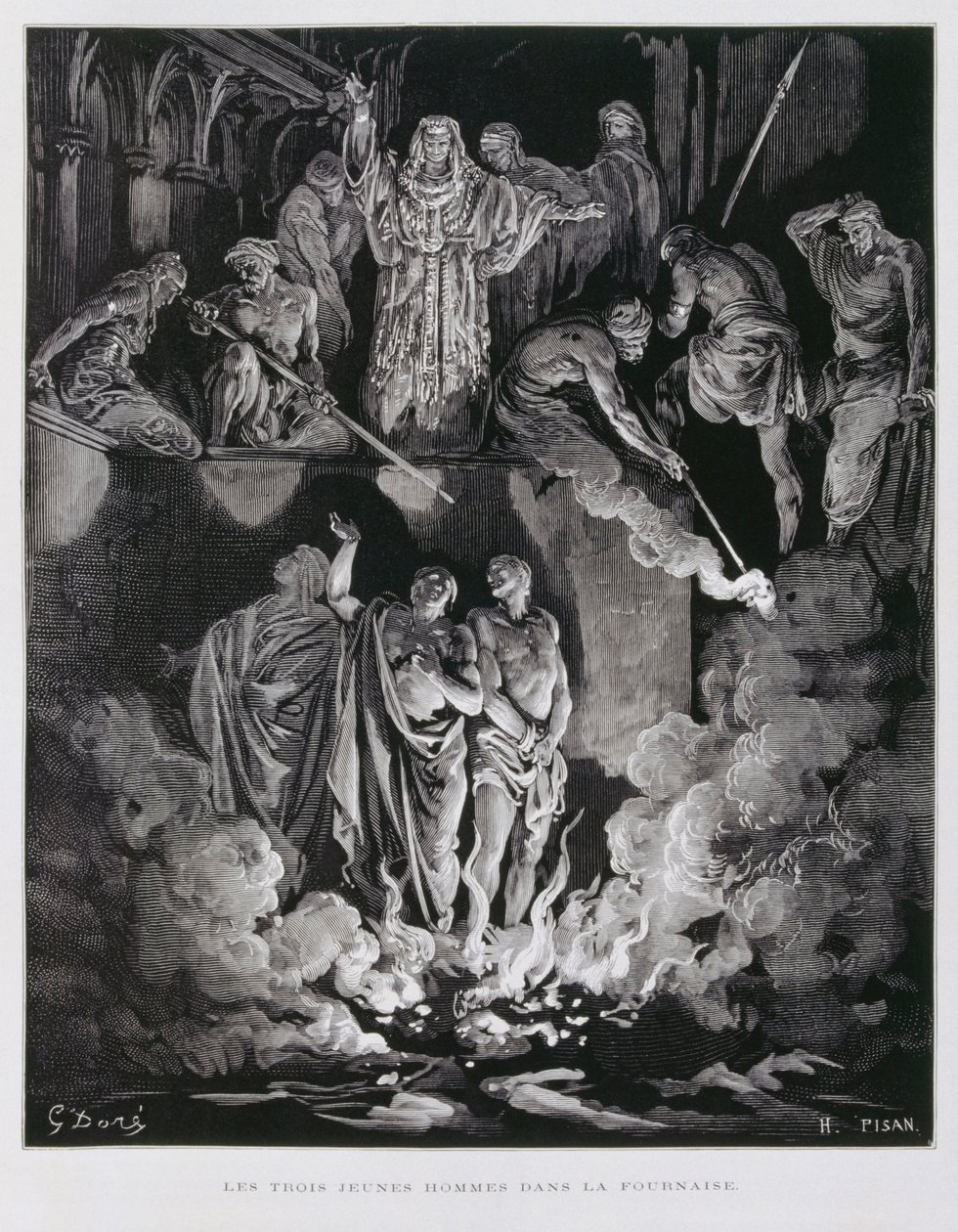 Sadraque, Mesaque e Abednego na fornalha ardente, ilustração da Bíblia de Dore de Gustave Dore