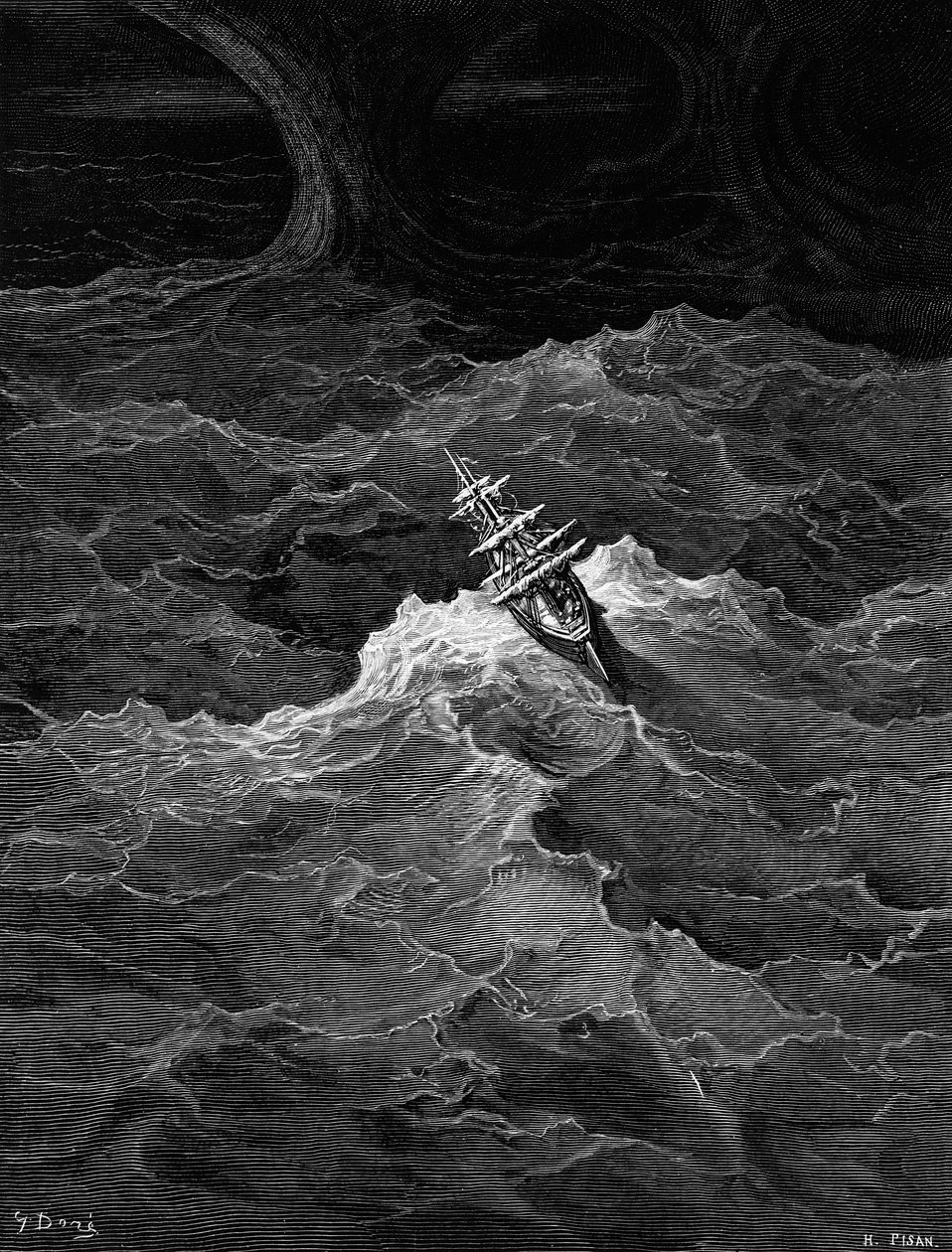 Navio no mar tempestuoso, cena de &39;The Rime of the Ancient Mariner&39; por ST Coleridge, por ST Coleridge, publicado pela Harper und Brothers, Nova York, 1876 (gravura em madeira) de Gustave Dore
