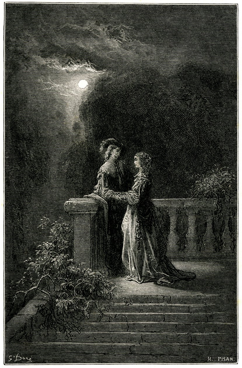 Sigognac e Isabelle: amantes finalmente unidos ao luar. No final, o amor triunfa! Gravura de Gustave Dore ilustrando o romance picaresco de capa e espada de Theophile Gautier "Le capitaine Fracasse", edição Charpentier 1863. de Gustave Dore