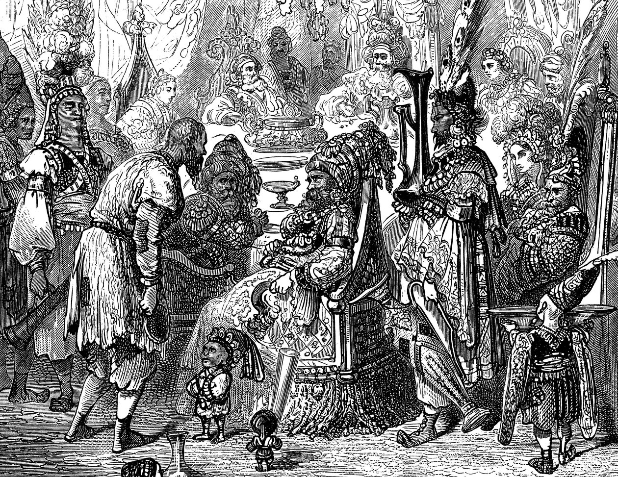 Sindbad, o marinheiro (Sinbad) - conto das mil e uma (1001) noites - ilustração de Gustave Dore (pormenor) - edição Maxwell 1865 - Prólogo: um pobre portador (Hinbad) apresenta-se a Sindbad, que se tornou velho e rico. Este último conta-lhe de Gustave Dore