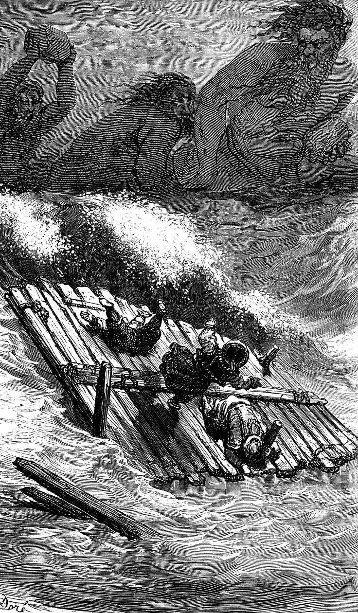Sindbad, o marinheiro (Sinbad) - conto das mil e uma (1001) noites - ilustração de Gustave Dore - edição Maxwell 1865 - Terceira viagem: Sindbad e os seus companheiros, depois de se fazerem ao mar a bordo de uma jangada, são perseguidos por gigantes que lh de Gustave Dore