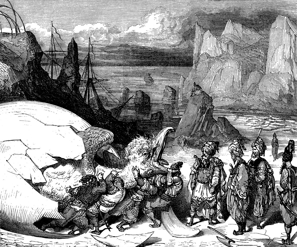 Sindbad, o marinheiro (Sinbad) - conto das mil e uma (1001) noites - ilustração de Gustave Dore (pormenor) - edição Maxwell 1865 - Quinta viagem: os mercadores que acompanham Sindbad partem a casca de um ovo gigantesco da ave gigante Roc para extrair um de Gustave Dore