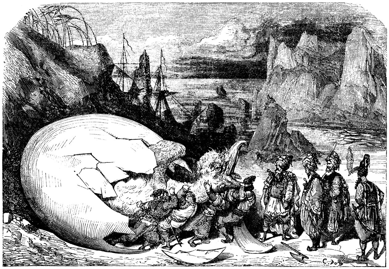 Sindbad, o marinheiro (Sinbad) - conto das mil e uma (1001) noites - ilustração de Gustave Dore - edição Maxwell 1865 - Quinta viagem: os mercadores que acompanham Sindbad partem a casca de um ovo gigantesco da ave gigante Roc para extrair um enorme bebé de Gustave Dore