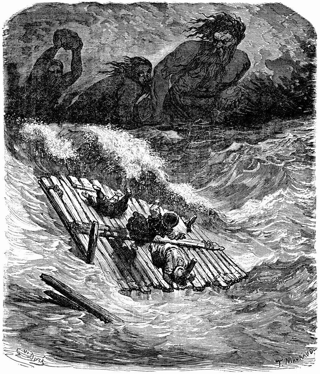 Sindbad, o marinheiro (Sinbad) - conto das mil e uma (1001) noites - ilustração de Gustave Dore - edição Maxwell 1865 - Terceira viagem: Sindbad e os seus companheiros, depois de se fazerem ao mar a bordo de uma jangada, são perseguidos por gigantes que lh de Gustave Dore