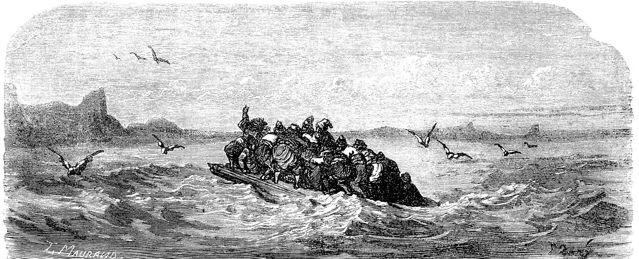 Sindbad, o marinheiro (Sinbad) - conto das mil e uma (1001) noites - ilustração de Gustave Dore - edição Maxwell 1865 - Terceira viagem: Sindbad e os seus companheiros navegam a bordo de uma jangada de Gustave Dore