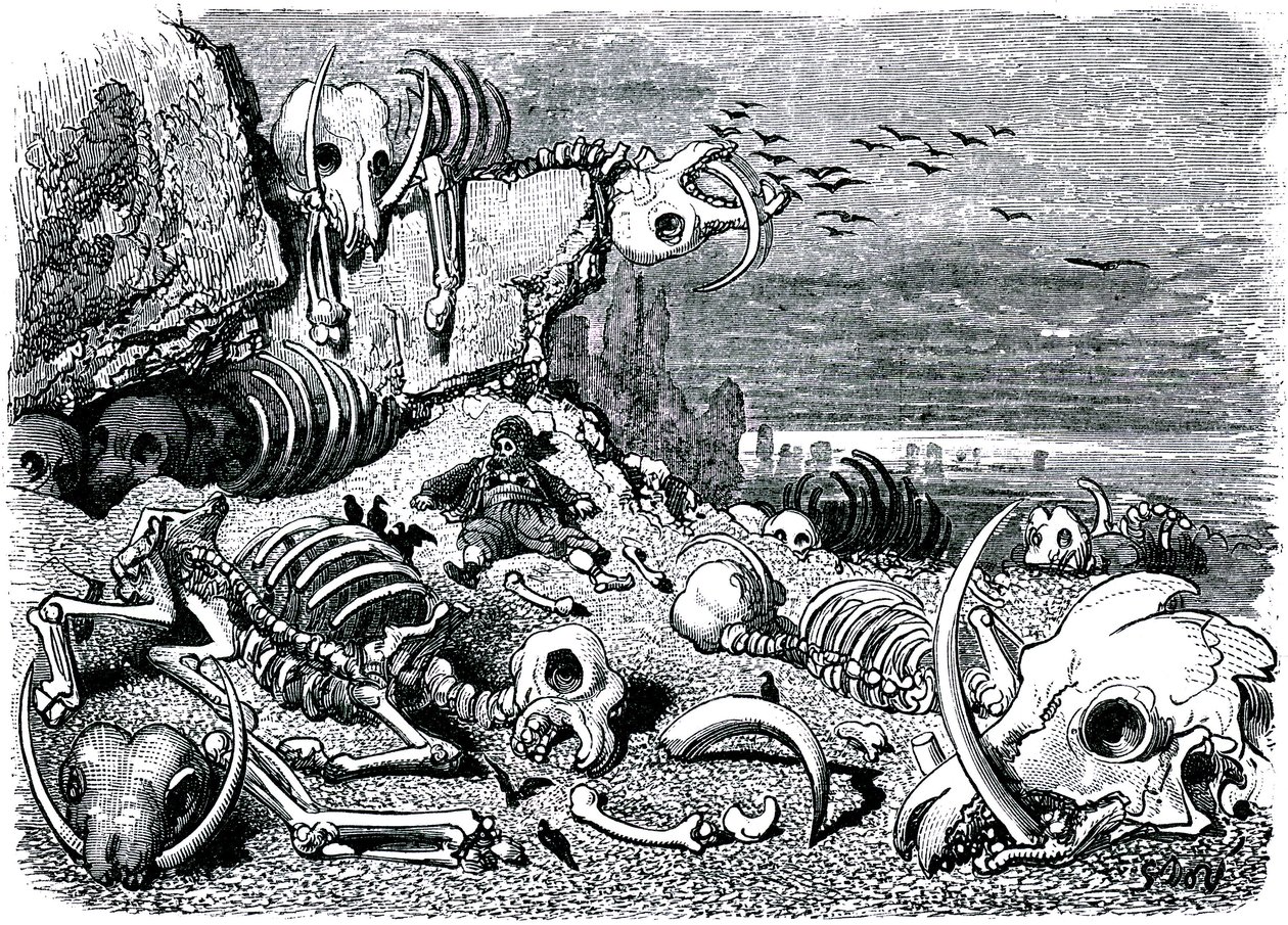 Sindbad, o marinheiro (Sinbad) - conto das mil e uma (1001) noites - ilustração de Gustave Dore - edição Maxwell 1865 - Sétima e última viagem: o cemitério dos elefantes onde Sindbad recuperará as defesas de marfim de Gustave Dore