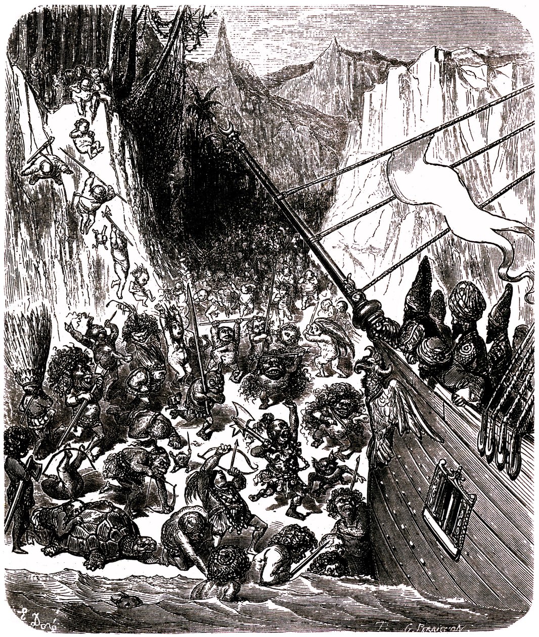 Sindbad, o marinheiro (Sinbad) - conto das mil e uma (1001) noites - ilustração de Gustave Dore - Terceira viagem: um tempete atira o navio de Sindbad e os seus companheiros para uma ilha onde são assaltados por uma multidão de seres minúsculos e hediondos de Gustave Dore