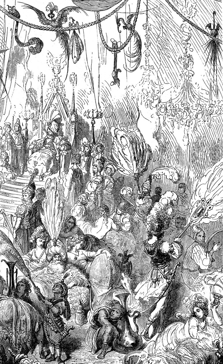 Sindbad, o marinheiro (Sinbad) - conto das mil e uma (1001) noites - ilustração de Gustave Dore - edição Maxwell 1865 - Sexta viagem - esta gravura pode representar a corte do rei de Serendib ou a do califa Haroun al-Rashid (Harun al de Gustave Dore