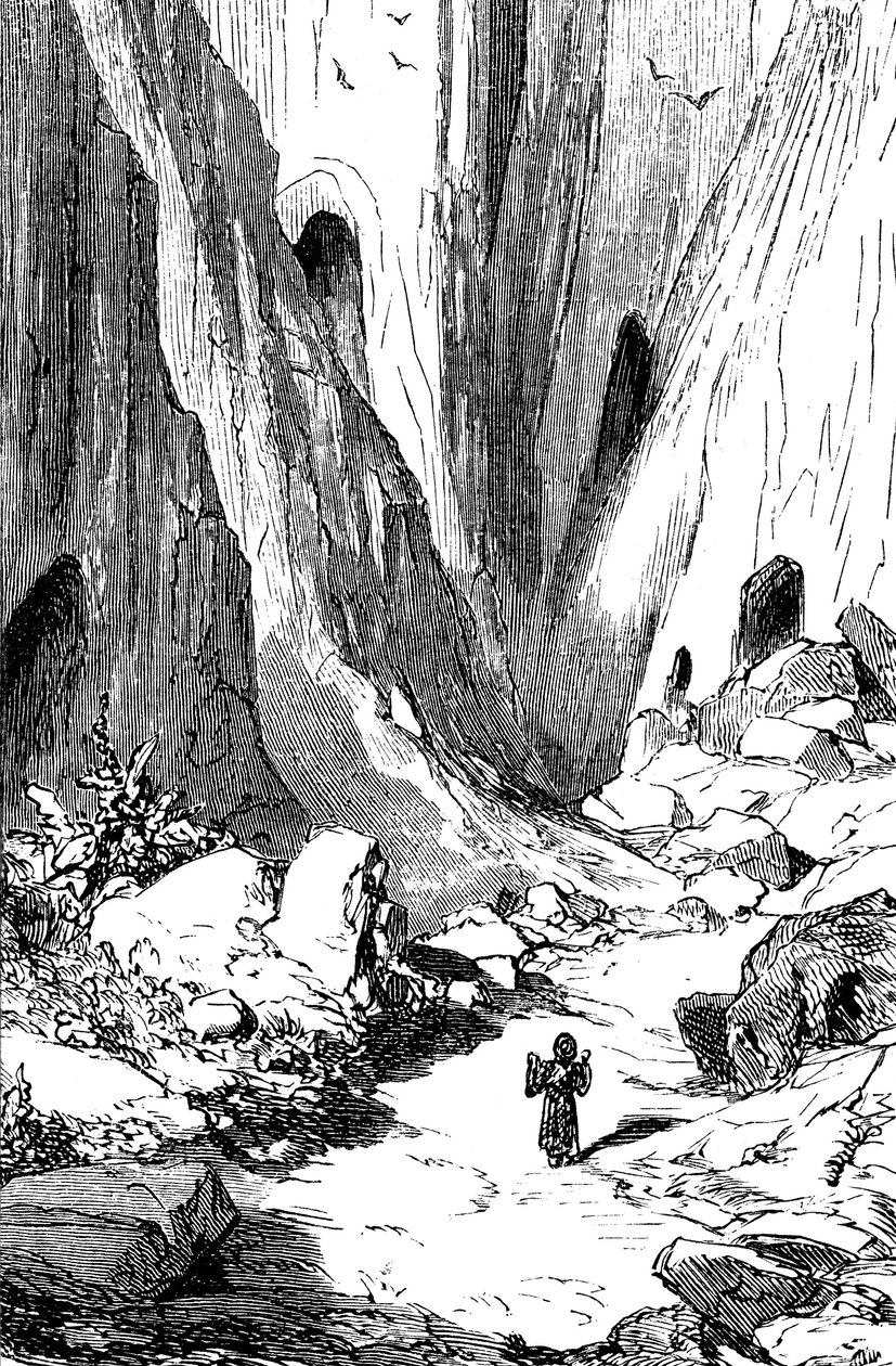 Sindbad, o marinheiro (Sinbad) - conto das mil e uma (1001) noites - ilustração de Gustave Dore - edição Maxwell 1865 - Segunda viagem: Sindbat descobre um vale com diamantes, mas que infelizmente está ocupado por cobras gigantes. Ele vai tomar refu de Gustave Dore