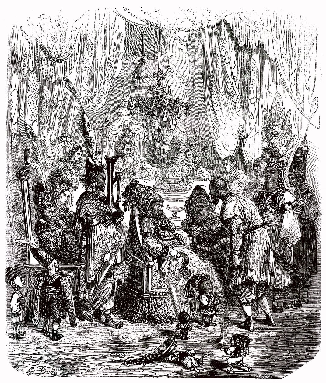 Sindbad, o marinheiro (Sinbad) - conto das mil e uma (1001) noites - ilustração de Gustave Dore - edição Maxwell 1865 - Prólogo: um pobre portador (Hinbad) apresenta-se perante Sindbad, que se tornou velho e rico. Este último vai contar a sua aventura de Gustave Dore