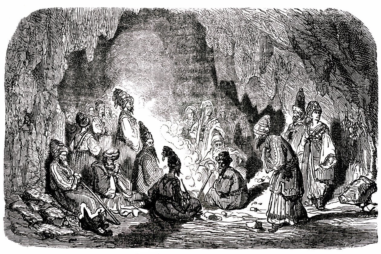 Sindbad, o marinheiro (Sinbad) - conto das mil e uma (1001) noites - ilustração de Gustave Dore - edição Maxwell 1865 - Primeira viagem: Sindbad, abandonado no meio do mar pelos seus companheiros, chega a uma ilha e encontra numa gruta a palefrenia de Gustave Dore