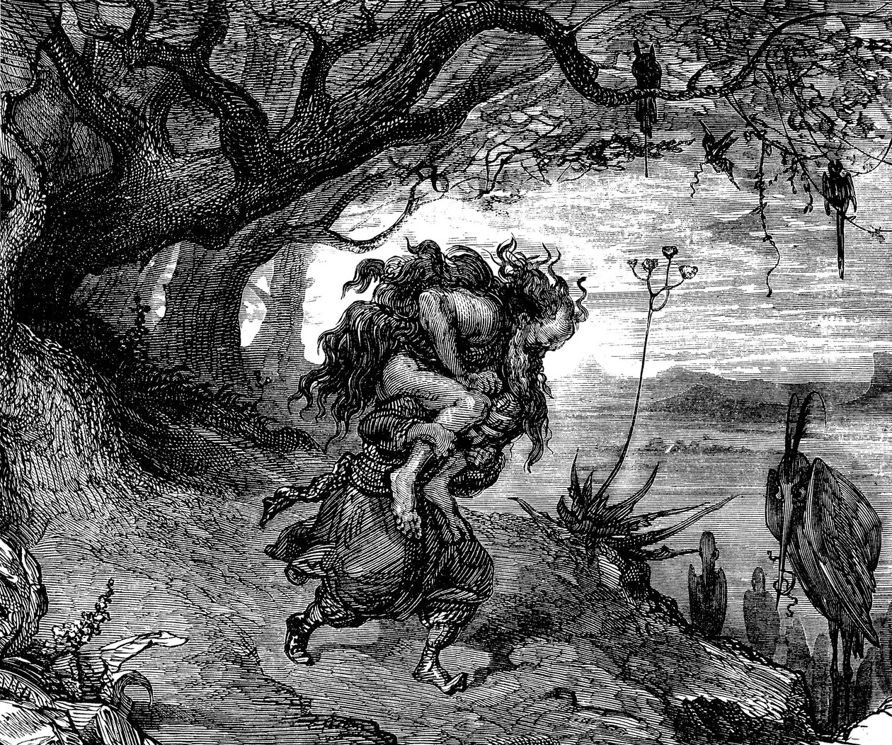 Sindbad, o marinheiro (Sinbad) - conto das mil e uma noites (1001) - ilustração de Gustave Dore (pormenor) - edição Maxwell 1865 - Quinta viagem: Sindbad é obrigado a levar ao ombro um velho que se agarra a ele e do qual já não se consegue libertar. de Gustave Dore