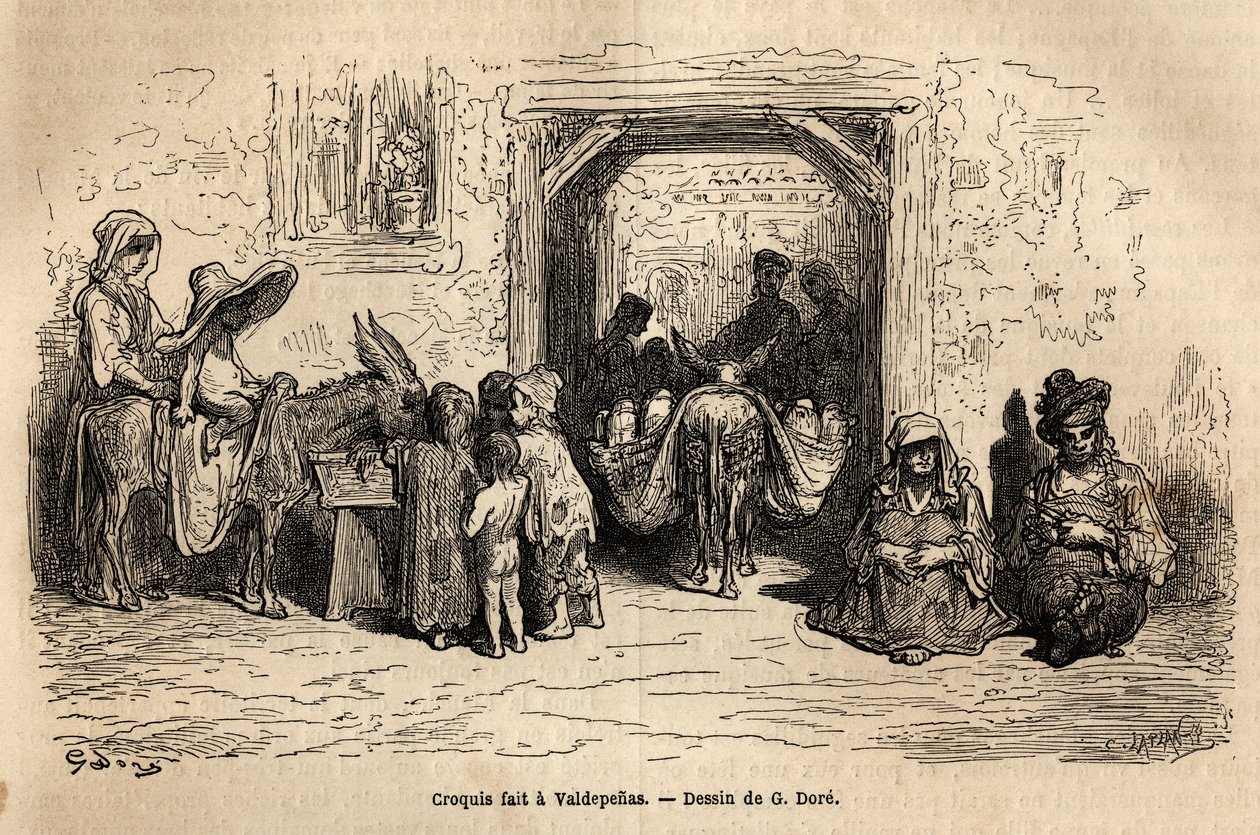 Esboço feito ao vivo: mendigos em Valpadenas (Canal). Gravura para ilustrar a viagem à Espanha do ilustrador Gustave Dore (1832-1883) e do Barão Ch. Davillier, em 1862, publicada no "Le tour du monde, nouveau journal des voyages", sob o de Gustave Dore