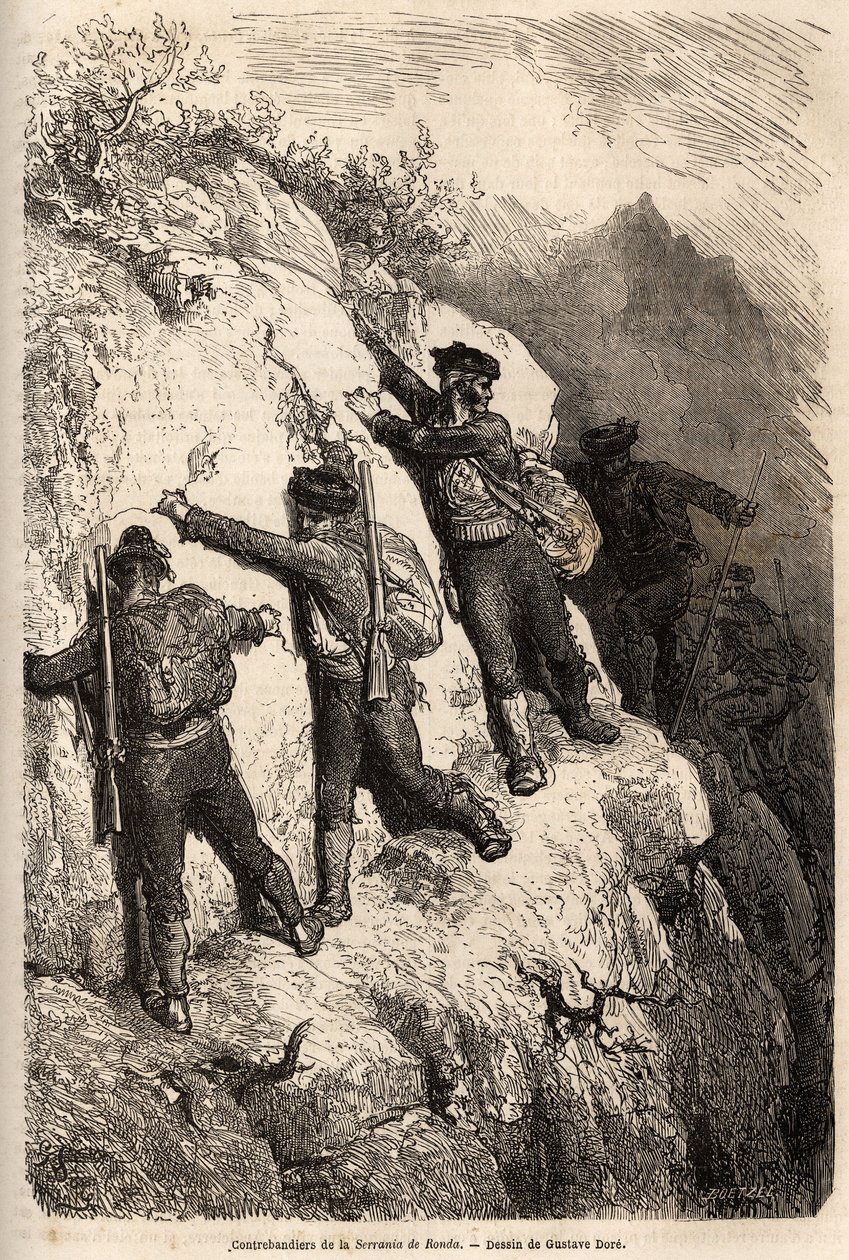 Contrabandistas da Serrania de Ronda. Desenho de Gustave Dore (1832-1883), para ilustrar a sua viagem à Espanha em 1862, com Ch. Davillier. Gravura em "Le tour du monde", editado por Edouard Charton de Gustave Dore